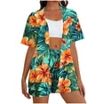thumbnail image 2 of HOZADOIE Two Piece Sets for Women Beach Lounge Sets Stylish Hawaiian Print Color Block Short Sleeve Cardigan Elastic Drawstring Waist Shorts Summer Matching Set, 2 of 7
