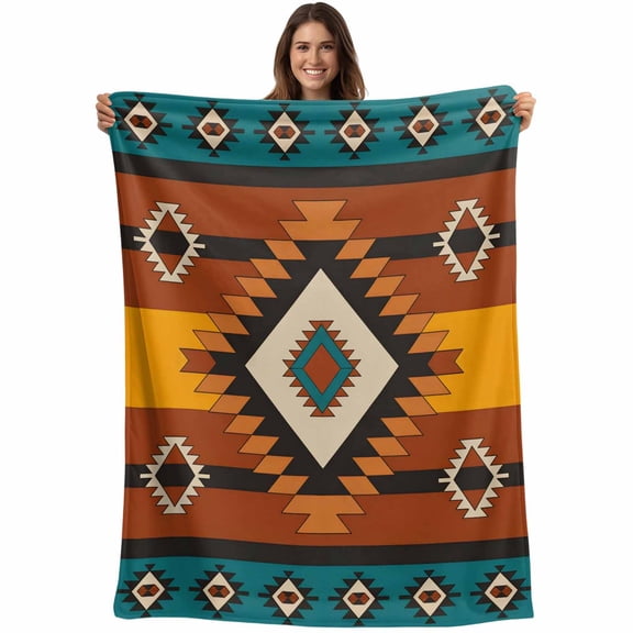 Flannel Fleece Throw Blanket Aztec Tribe Ethnic Style Lightweight Soft Plush Blankets,Brown Color Block Cozy Warm Throw Blanket for Couch Sofa Bed Car Office All Season Use 40x50in