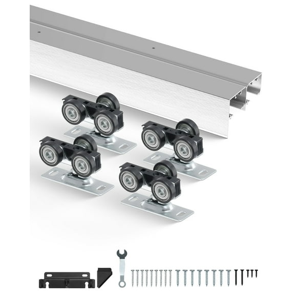 KFFKFF Bypass Door Hardware, 5ft Heavy Duty Bypass Sliding Door Hardware Kit, Aluminum Alloy Sliding Closet Door Hardware Set for 2 Door System
