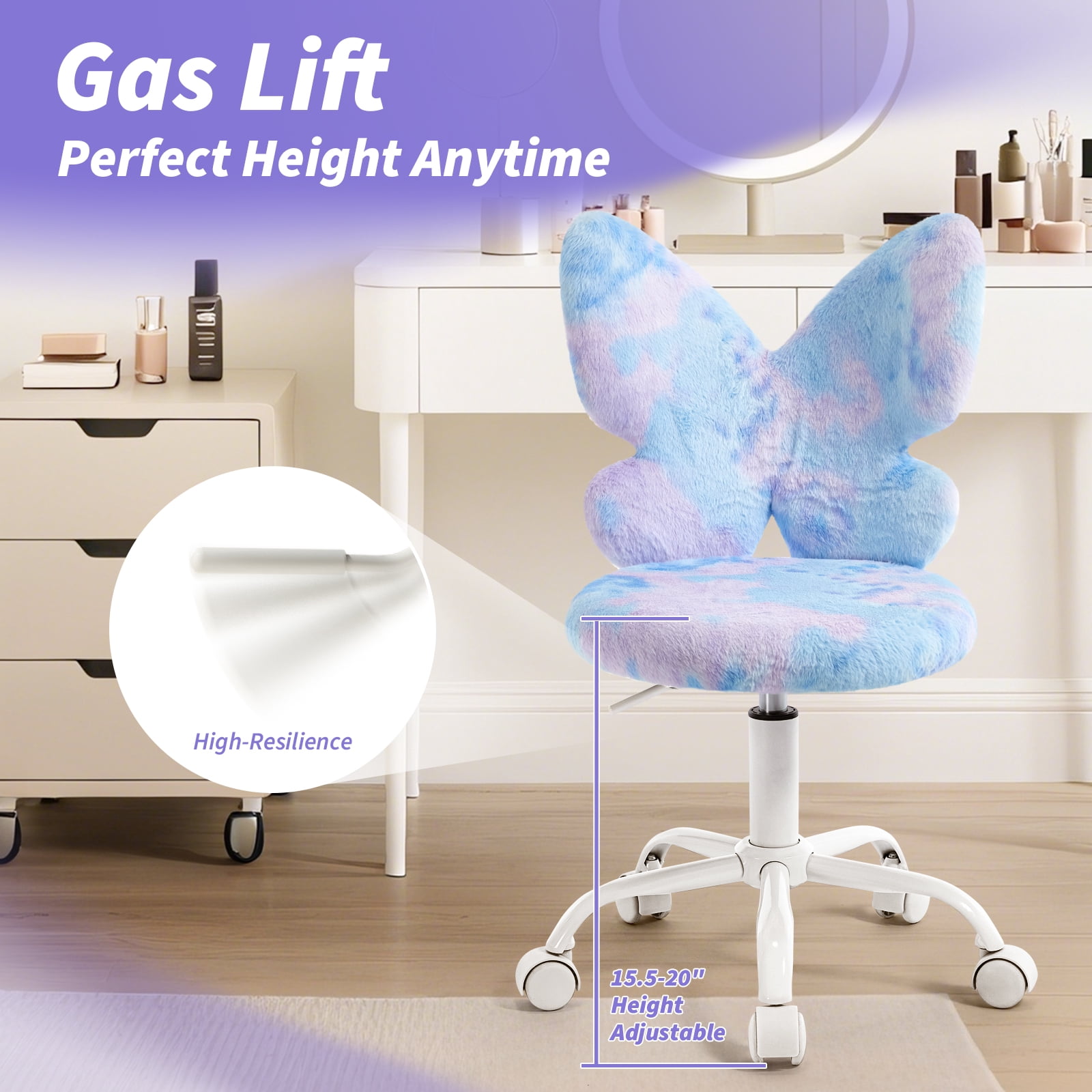 Adorable Butterfly Kids Desk Chair, Comfy Swivel Computer Seat for Girls Room, Fluffy Office Roller Chair for Study Bedroom Reading & Vanity, Blue