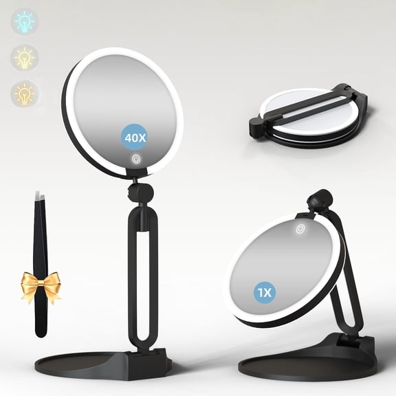 Makeup Mirror with Lights 40X/1X,Double-Sided Makeup Mirror with Lights and Magnification,3 Colors Dimming Lighting, Foldable Design, 360° Angle Adjustable with Tweezer (Black)