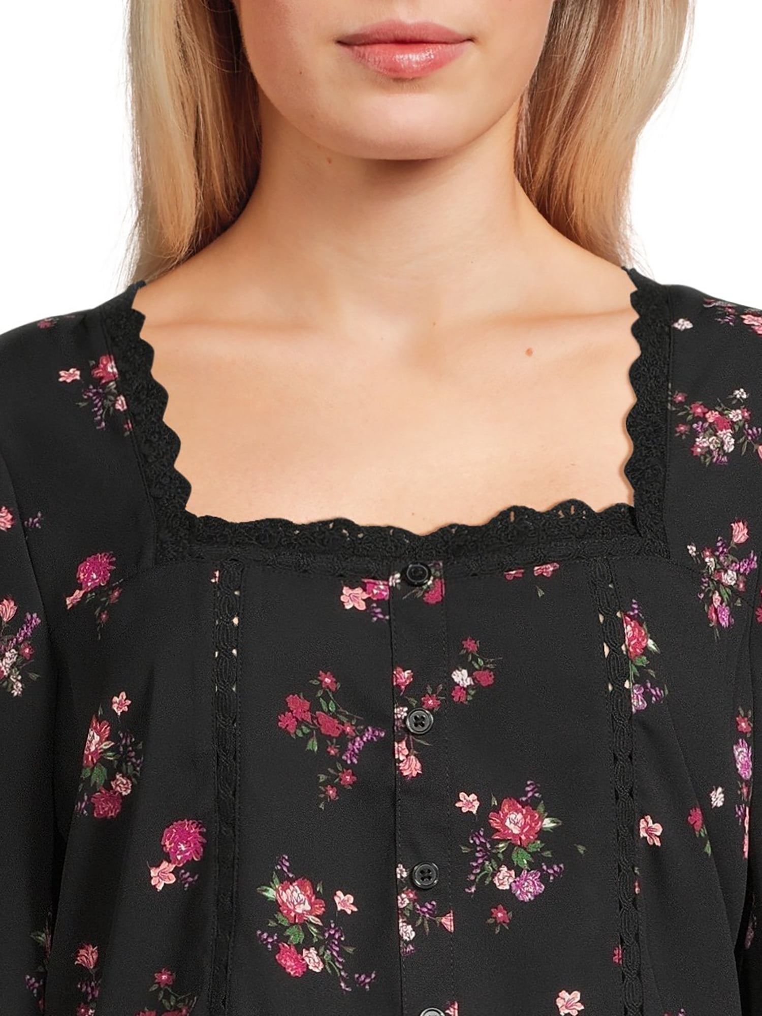 Self Esteem Juniors Square Neck Lace Trim Top with Long Sleeves, Sizes S-XL