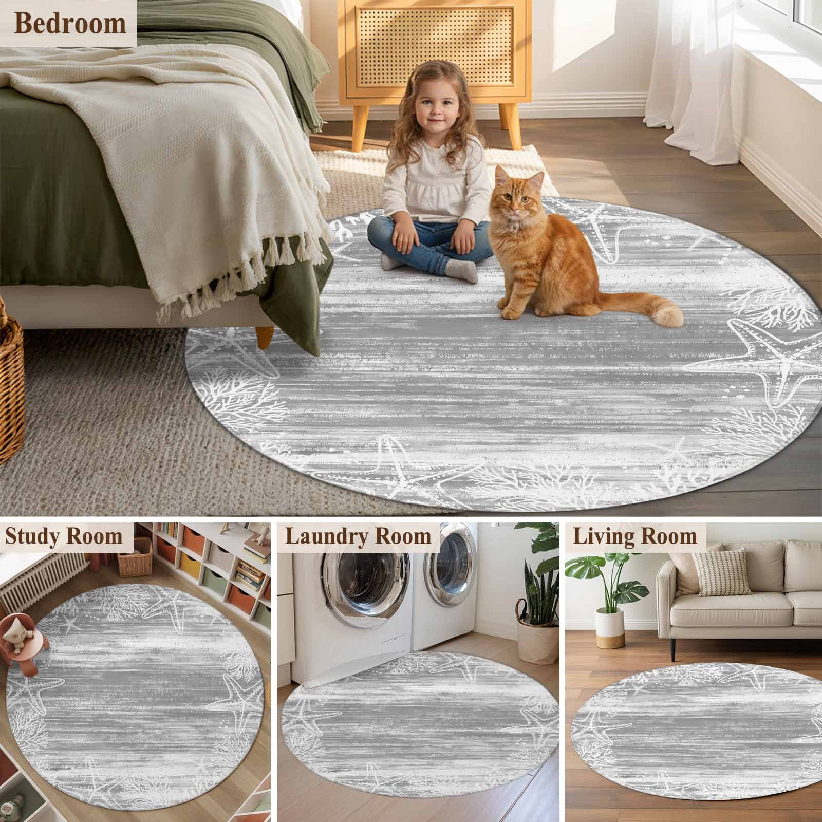 Grey Coastal Round Area Rug 3Ft Washable Small Circle Rugs for Kitchen Entryway, Summer Ocean Sea Ombre Starfish Corals Non-Slip Carpet Floor Mats Indoor Outdoor Carpet Runner Aesthetic Home Decor