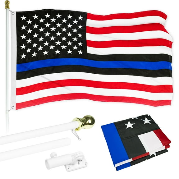 G128 - 5 Feet Tangle Free Spinning Flagpole (White) Blue Lives Matter Flag Brass Grommets Embroidered 2.5x4 ft (Flag Included) Aluminum Flag Pole