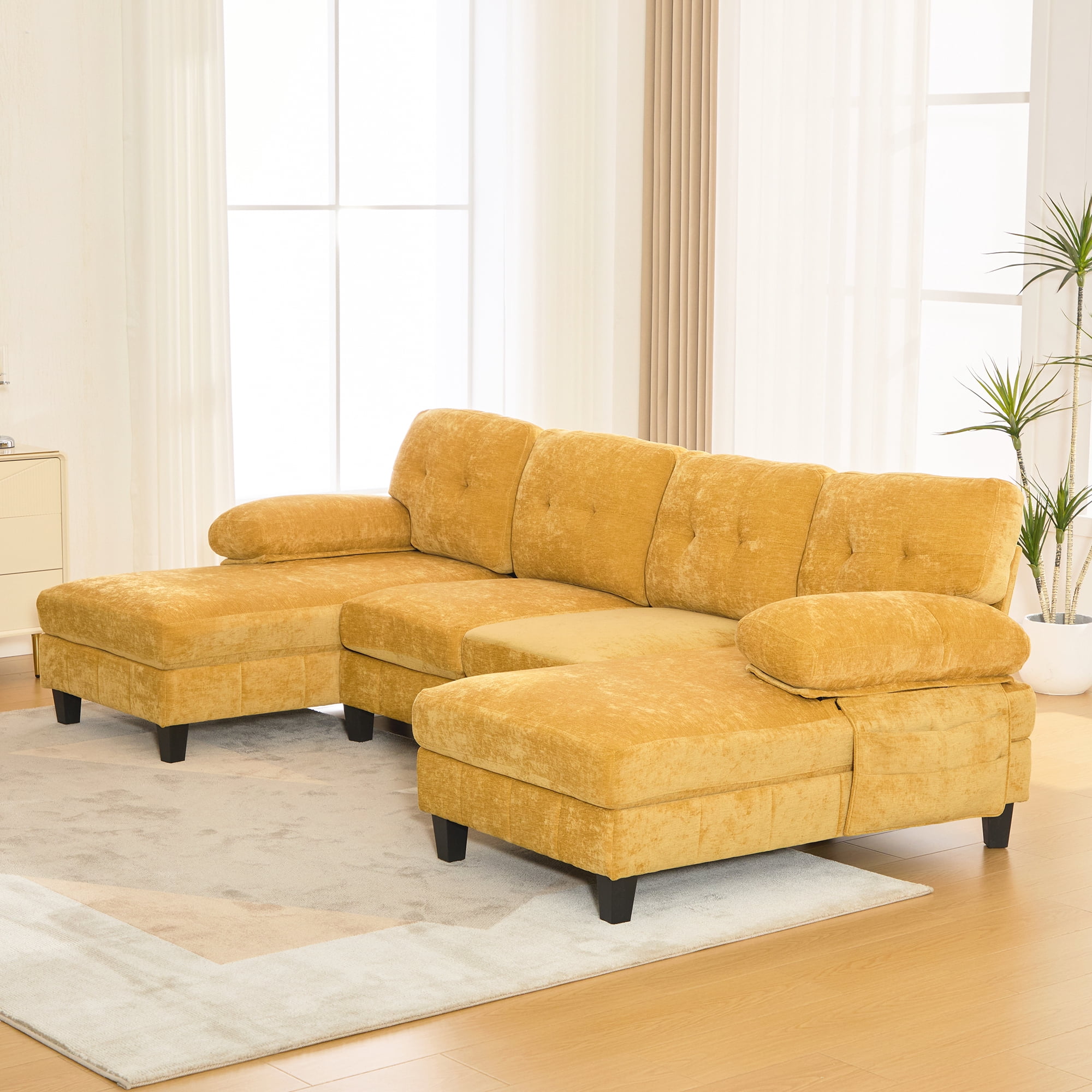 Leumius U Shaped Sectional Sofa, 103.5" Chenille Fabric Couch with Double Chaise Lounges, U Shaped Couch for Living Room, Yellow