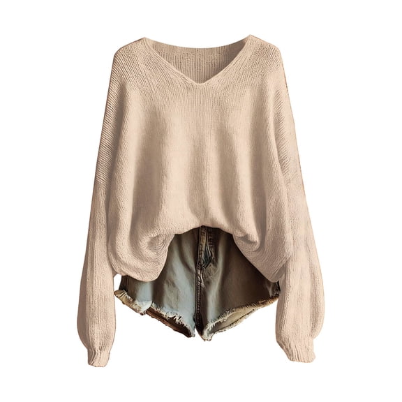 NMMUED Knitted Tops for Women V Neck Sweater Knitted Sweater Business Casual Sweaters for Women Sweater Tops for Women Long Sleeve Sweaters for Women Knit Sweater for Women Beige L