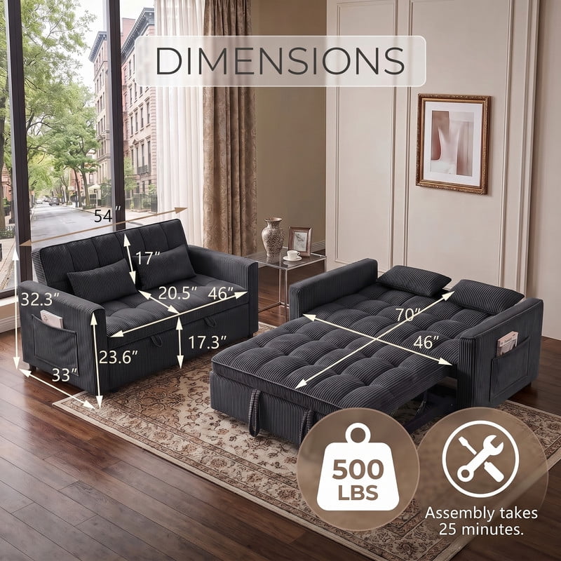 Gewnee 54" Sofa Bed, Convertible Sleeper Sofa & Pull Out Couch with Adjustable Backrest and Storage Pocket, Black(Corduroy)