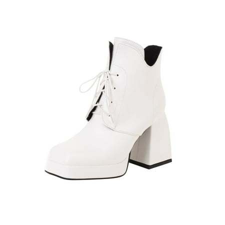 

Valentine s Day Deals!2022 Juebong Women s Plus Velvet Square Toe Thick High Heel Lace Up Side Zipper Low Top Bare Boots