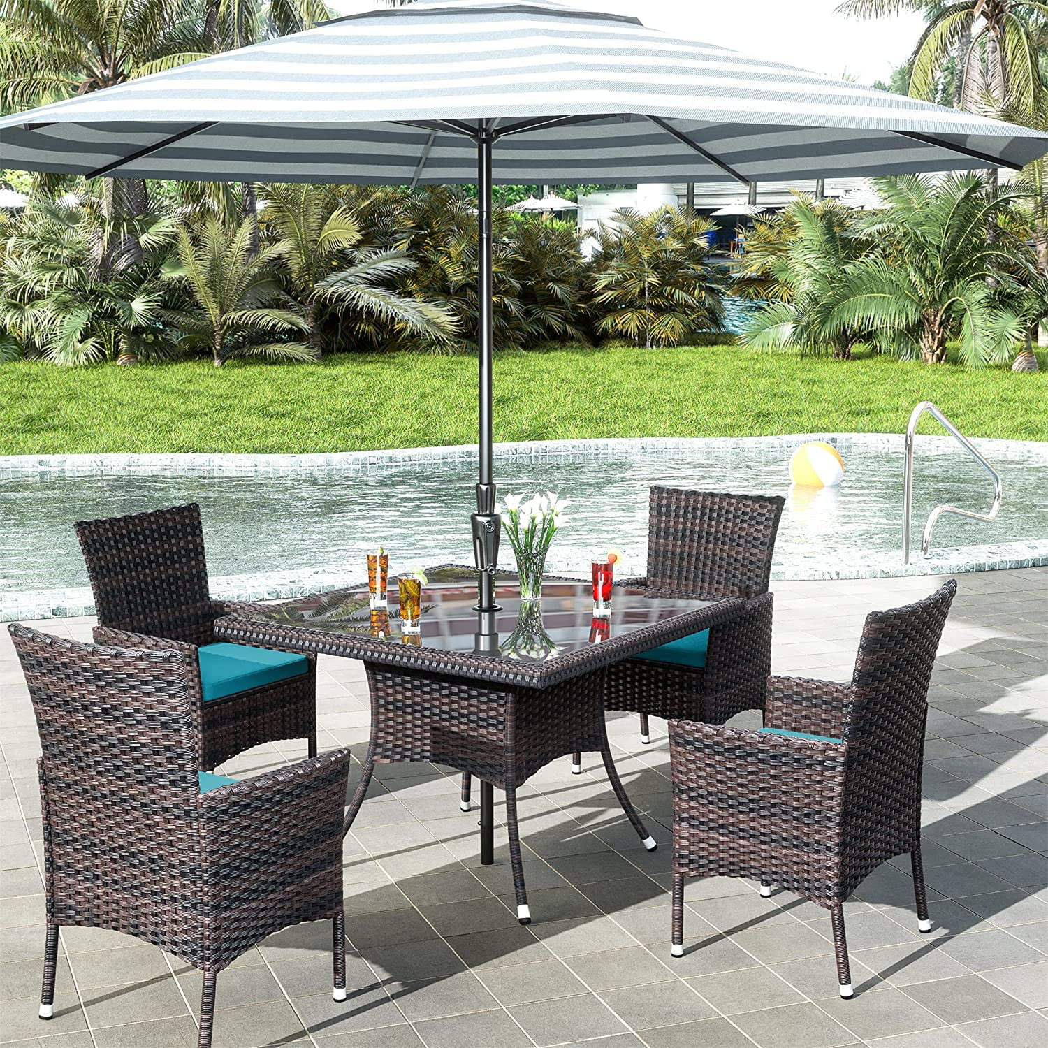 ALAULM 5 Pieces Patio Dining Set Outdoor Rattan Furniture with Square Glass Tabletop 4 Chairs with Cushions for Patio, Backyard Outdoor Kitchen Lawn & Garden Blue
