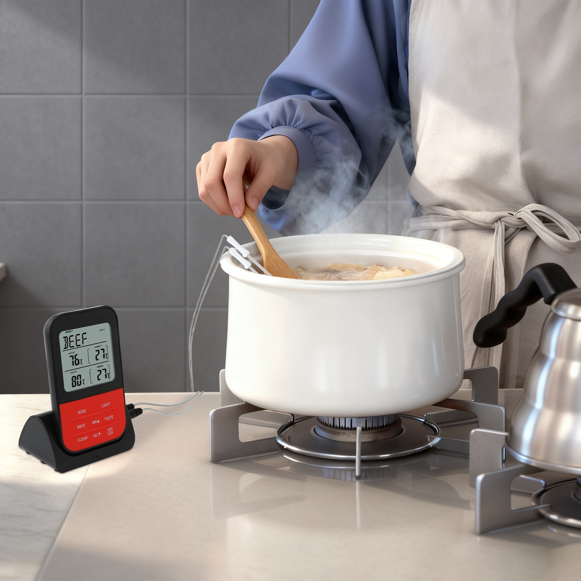 Digital Meat Thermometer with 2 Temperature Probes, Food Thermometer with Colored LCD for Kitchen Black Handle Probe