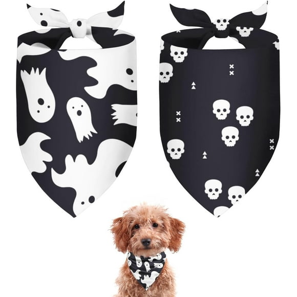 Halloween Dog Bandanas 2 Pack,Black White Skeleton Skull Ghost Reversible Adjustable Triangle Pet Scarves for Boy and Girl,Holiday Witchy Dog Bandana for Small Medium Large Dogs(Medium)