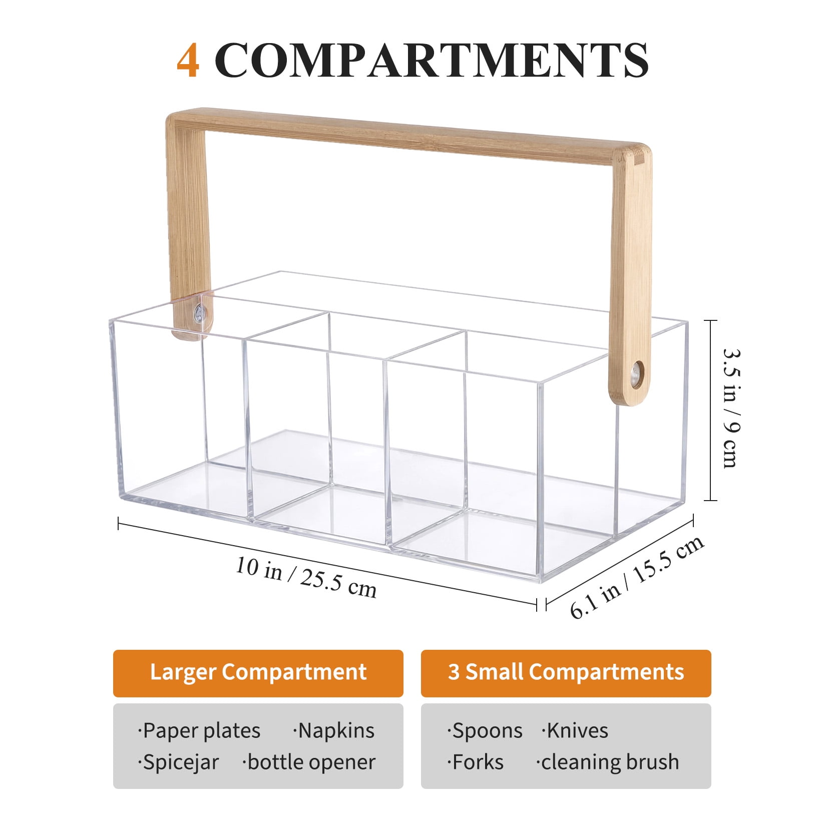 Clear Acrylic Utensil Organizer with Handle, 4 Compartment Cutlery Holder with Drain Holes, Portable Flatware Caddy for Kitchen Counter, Picnic, Party, Buffet, Bathroom Storage