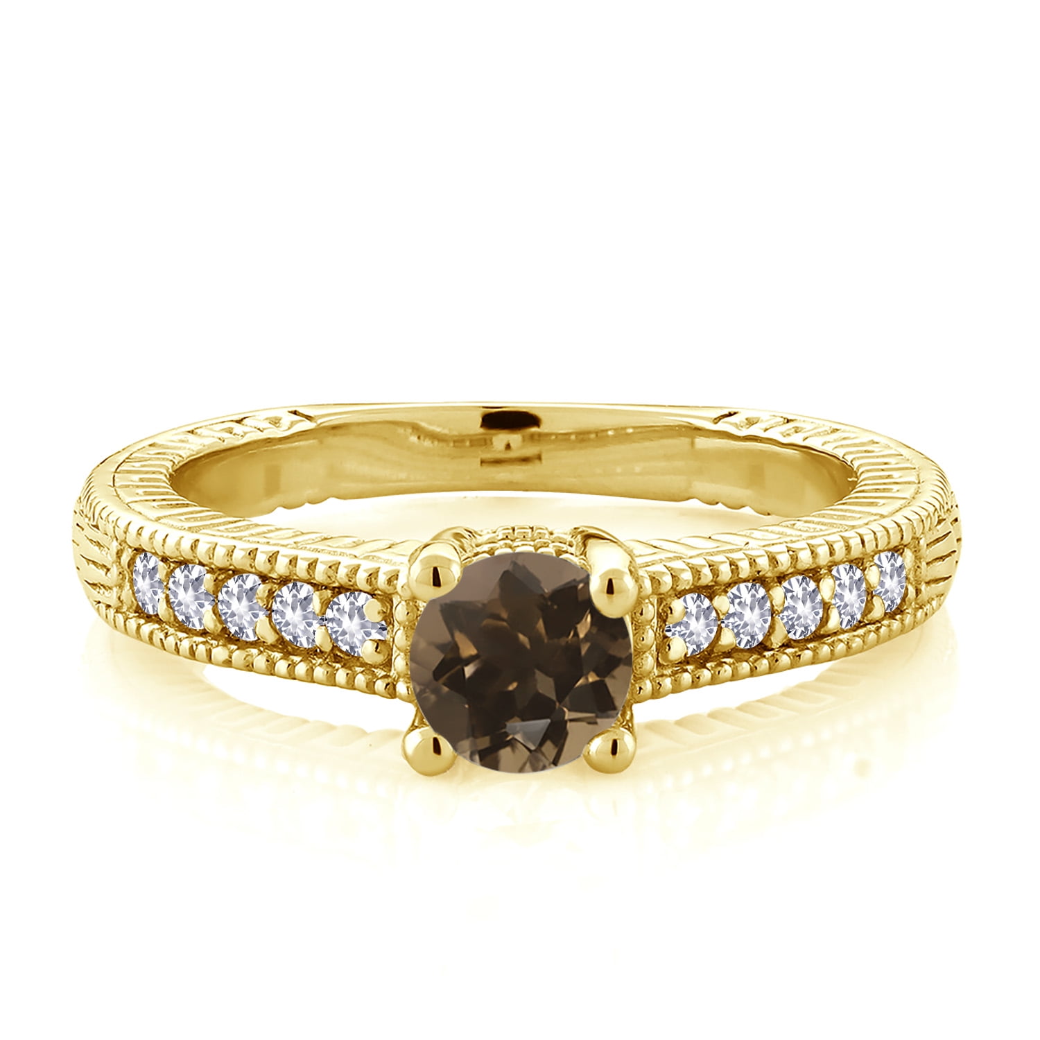 Gem Stone King 18K Yellow Gold Plated Silver Brown Smoky Quartz and White Created Sapphire Women's Solitaire Ring with Accent Stones (0.65 Cttw, Round Shape 5MM, Size 5)