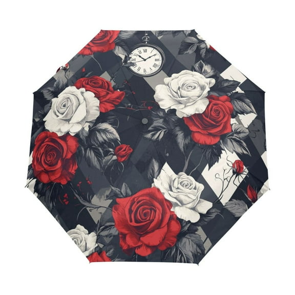 BZSMCE One-Touch Auto Open Close Rain Umbrella With Creative Classic Rose & Time Pattern