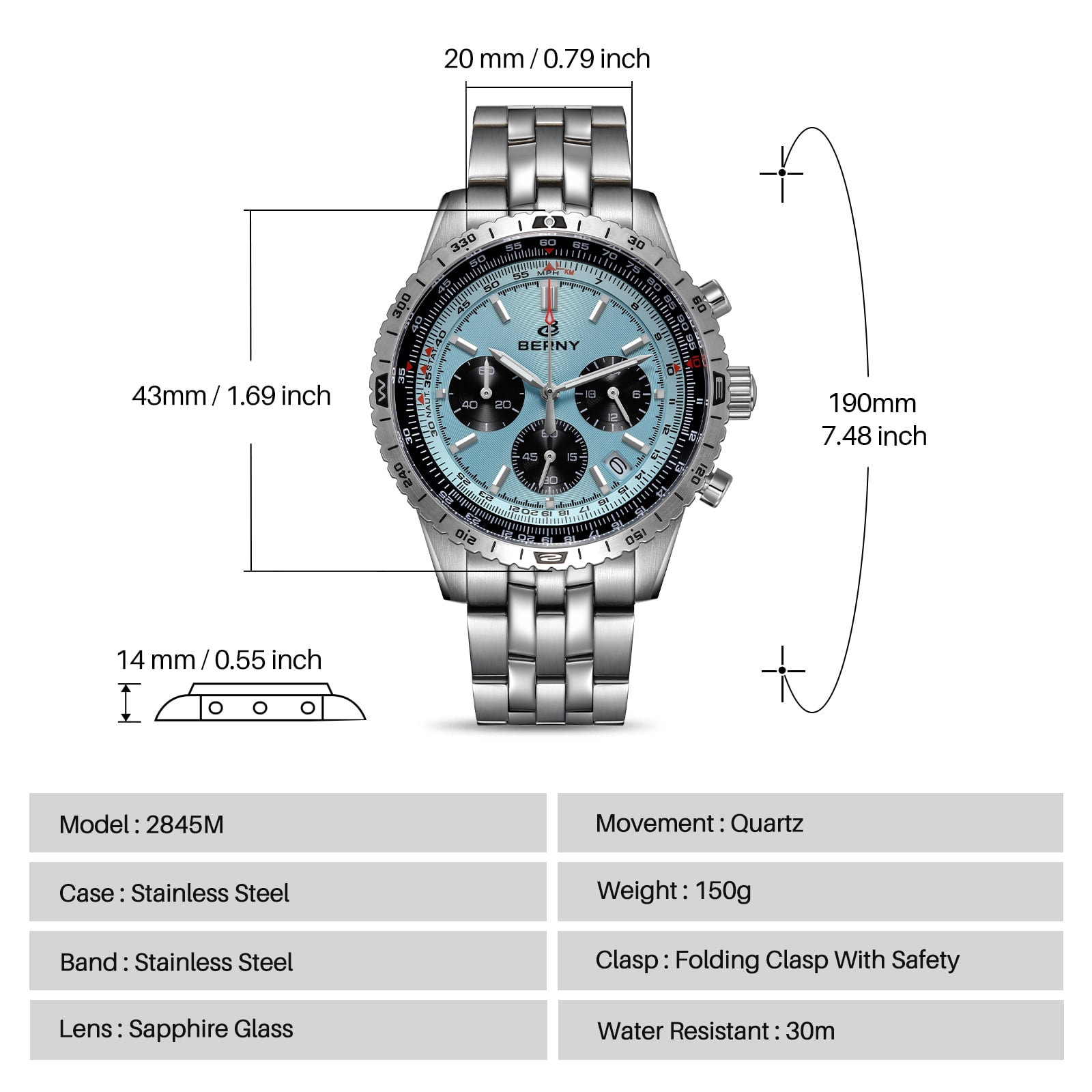 BERNY Silver Chronograph Watches for Men, Sport Luxury Analog Quartz Watch with Tachymeter, Stainless Steel, Waterproof, Luminous, Sapphire Crystal, Date Calender, Men's Wristwatch (Light Blue)