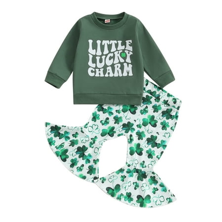 

Bslissey Toddler Baby Girl Pants Set Long Sleeve Letter Print Sweatshirt + Clover Print Flared Pants 2Pcs Outfits 6M 12M 18M 24M 3T 4T Kids Ireland Festivals Clothes