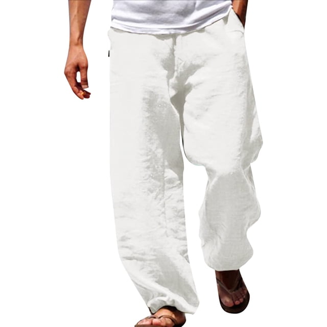 Pantalones casuales de lino para hombre, color sólido, sueltos, pierna ancha, talla grande, cintura baja, cordón elástico, para verano, playa, yoga blanco 4XL blanco 4XL Xishao ropa