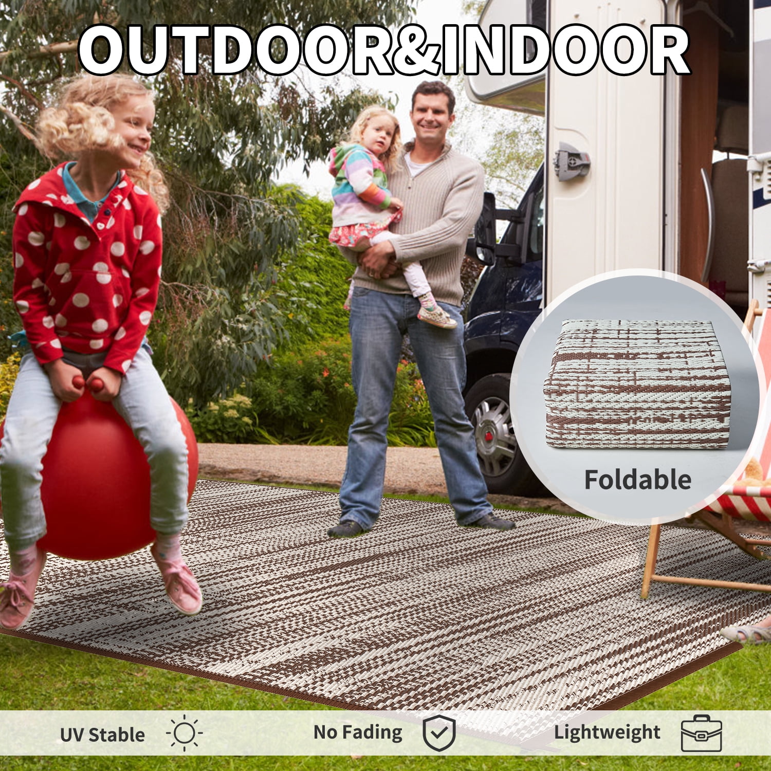 VUNATE Outdoor Rug Carpet 5'x8' Waterproof Reversible Patio Rug Portable Modern Abstract Indoor Outdoor Rug Plastic Straw Rug for RV Camping Garden Picnic Deck Backyard Porch Decor Beige and Brown