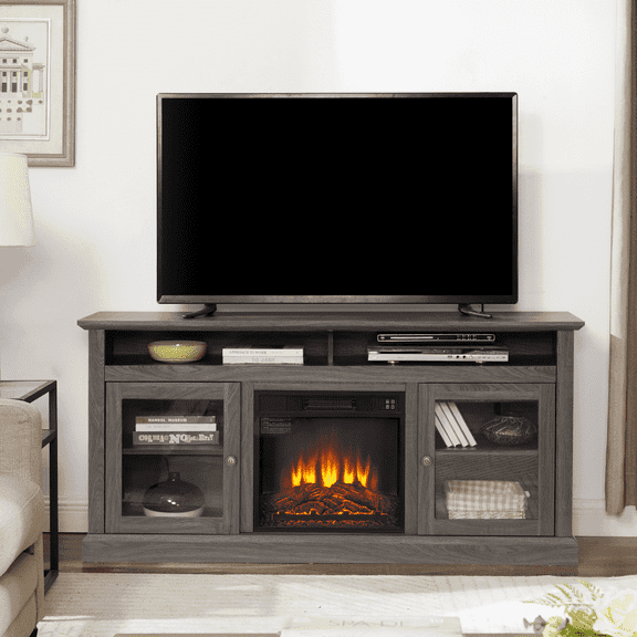 60"TV Stand for 65"TVs, Wood Console Table with 2 Glass Doors, Adjustable Shelves,18" Fireplace Insert, Farmhouse Entertainment Center for Living Room