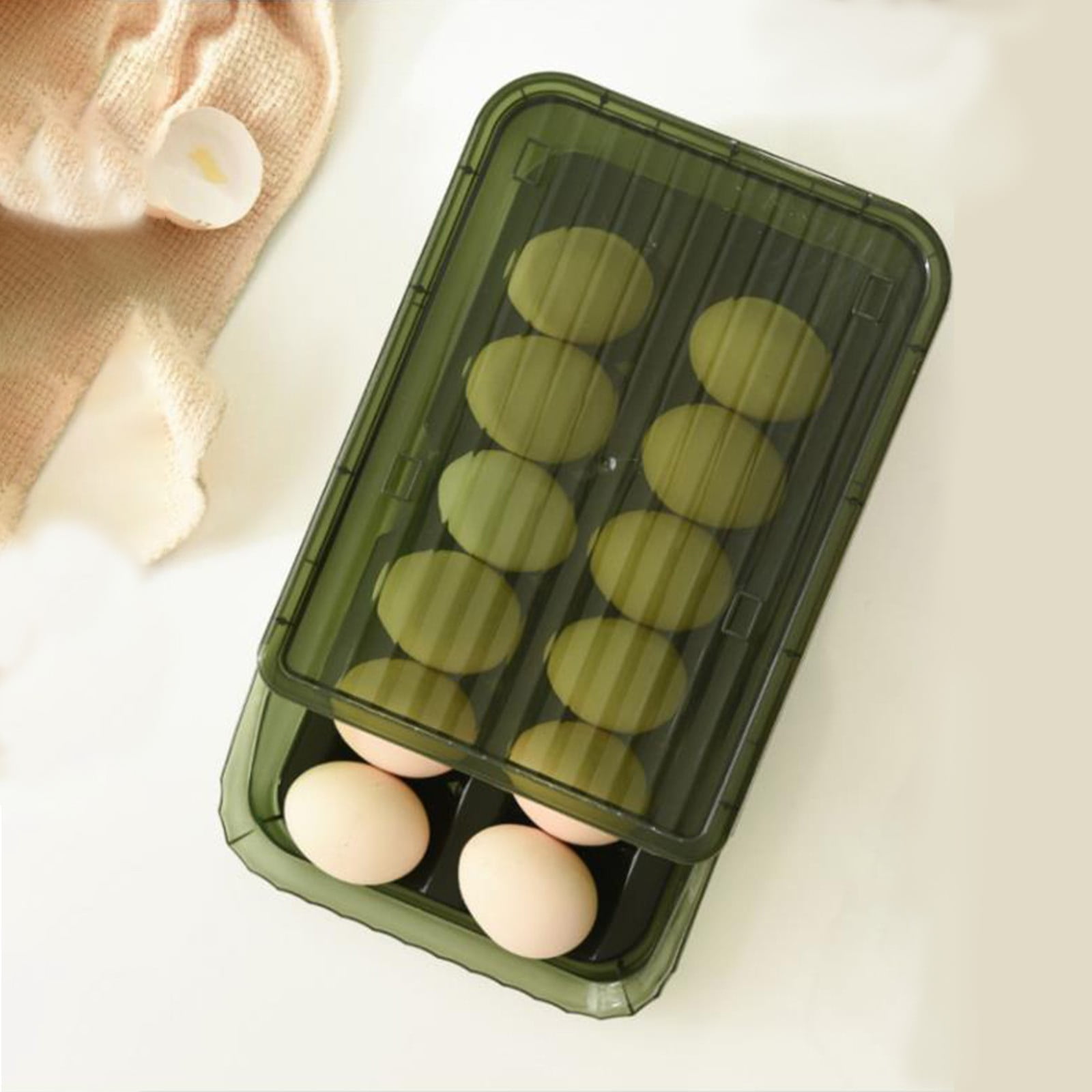 Plastic Storage Bins with Lids - 2-Layer Auto Rolling Egg Organizer for Refrigerator, Clear Stackable Tray Holds 24 Eggs