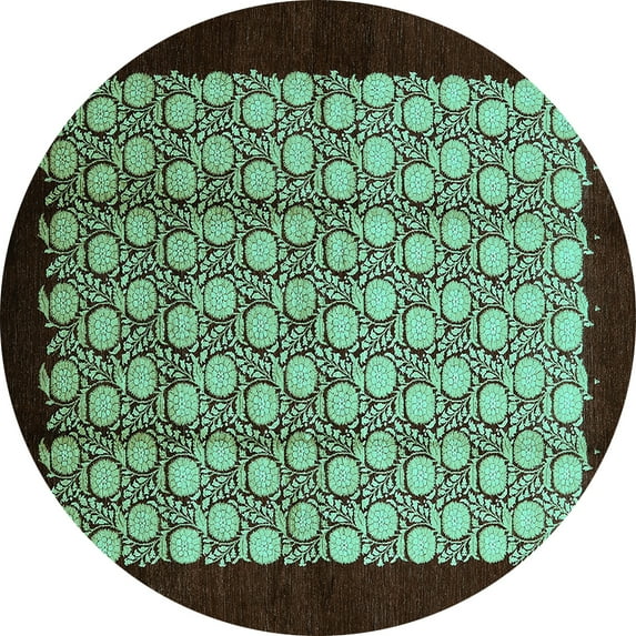 Ahgly Company Machine Washable Indoor Round Oriental Turquoise Blue Industrial Area Rugs, 4' Round