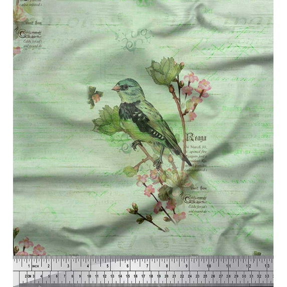 Soimoi Japan Crepe Satin Fabric Text,Floral & European Greenfinch Bird Fabric Prints by Yard 42 Inch Wide