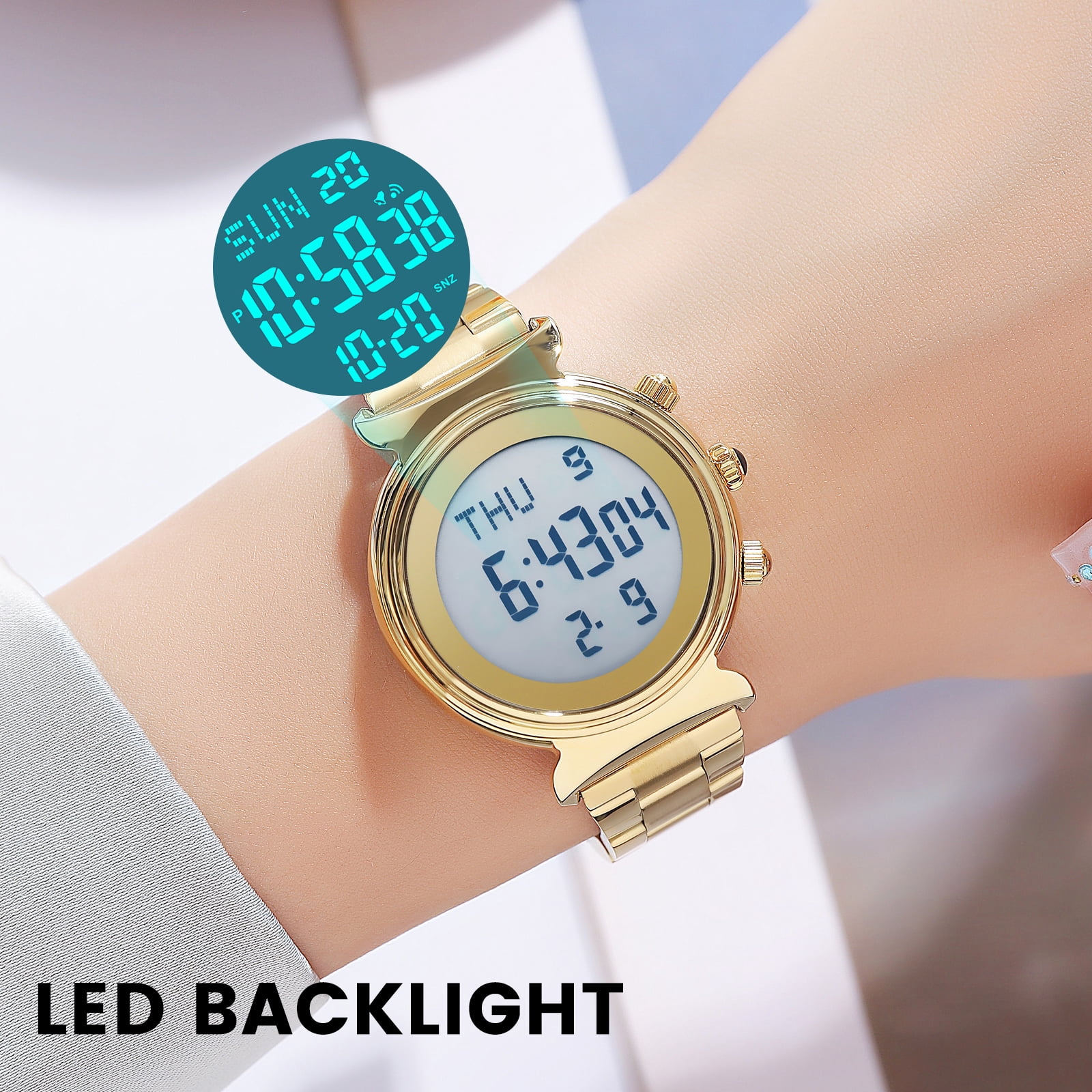 SKMEI Women Digital Watch Waterproof Dual Time Date LED Watch Ladies Business Wristwatch Stainless Steel Watch for Women