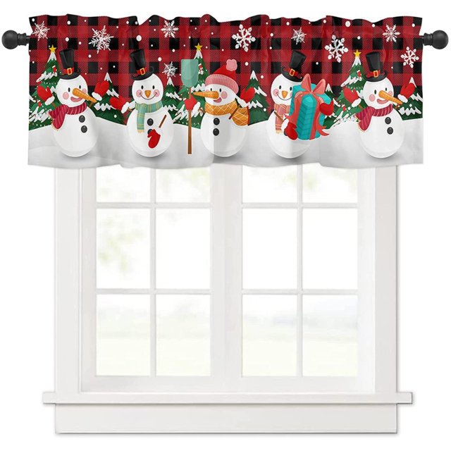 Décorations de Noël Rideau Bonhomme de Neige de Noël Rideau de Cuisine Poche pour Tringle Flocon de Neige Blanc Rideau de Fenêtre Courte Cantonnière Rideaux pour les Fêtes d'Hiver Décorations de Noël Rideaux en Polyester