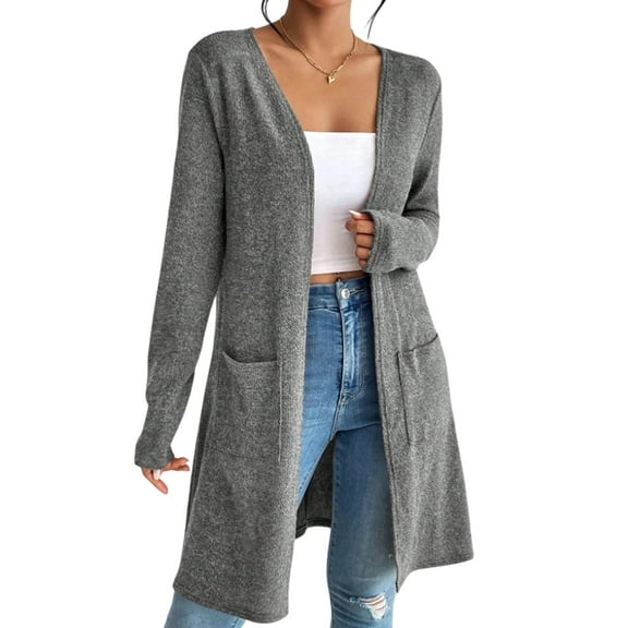 Cardigan Sweaters for Women Open Front Cardigan Casual Loose Fall Sweater with Pockets Gray M