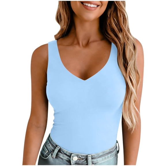 Sahpxhe Women's V-Neck Sleeveless Tank Top Casual Slim Fit Cami Shirt Summer Basic Soft Layering Top Light Blue S