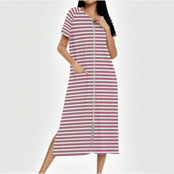 Camisón largo con cremallera para mujer, bata de punto, largo completo, color degradado, con bolsillos