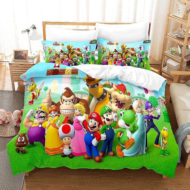 Mla 03# Ensemble de Literie Imprimé Anime Jeu Mario Housse de Drap Ensemble de Literie Trois Pièces Trois Pièces