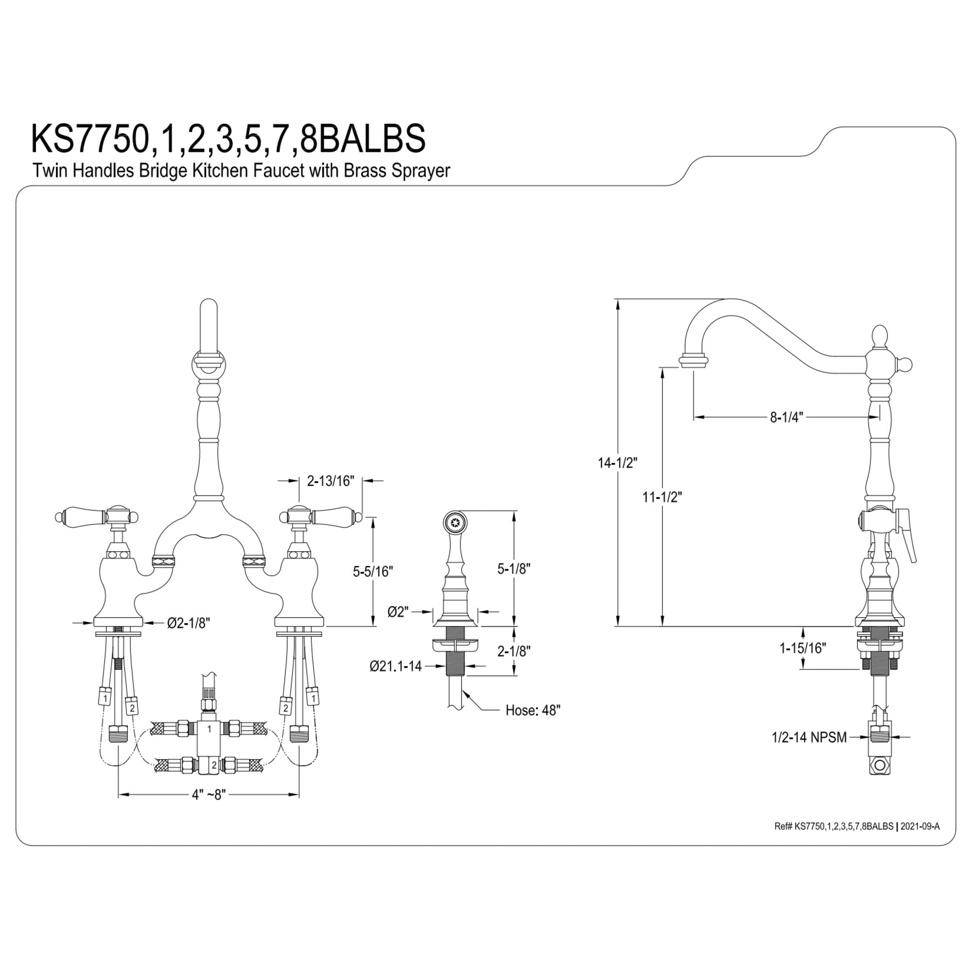 Kingston Brass KS7758BALBS Heirloom Two-Handle 3-Hole Deck Mount Bridge Kitchen Faucet with Brass Side Sprayer in Brushed Nickel