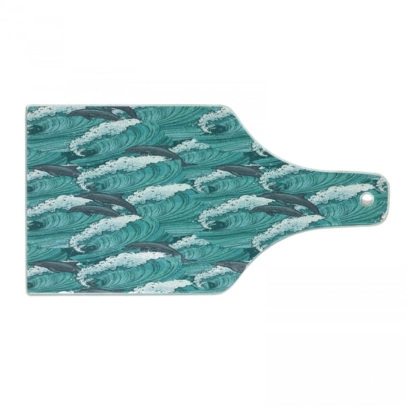 Sea Animals Cutting Board, Wavy Ocean with Dolphins Windy Surfing Doodle Style Art Print, Tempered Glass Cutting and Serving Board, Wine Bottle Shape, Charcoal Grey Teal White, by Ambesonne