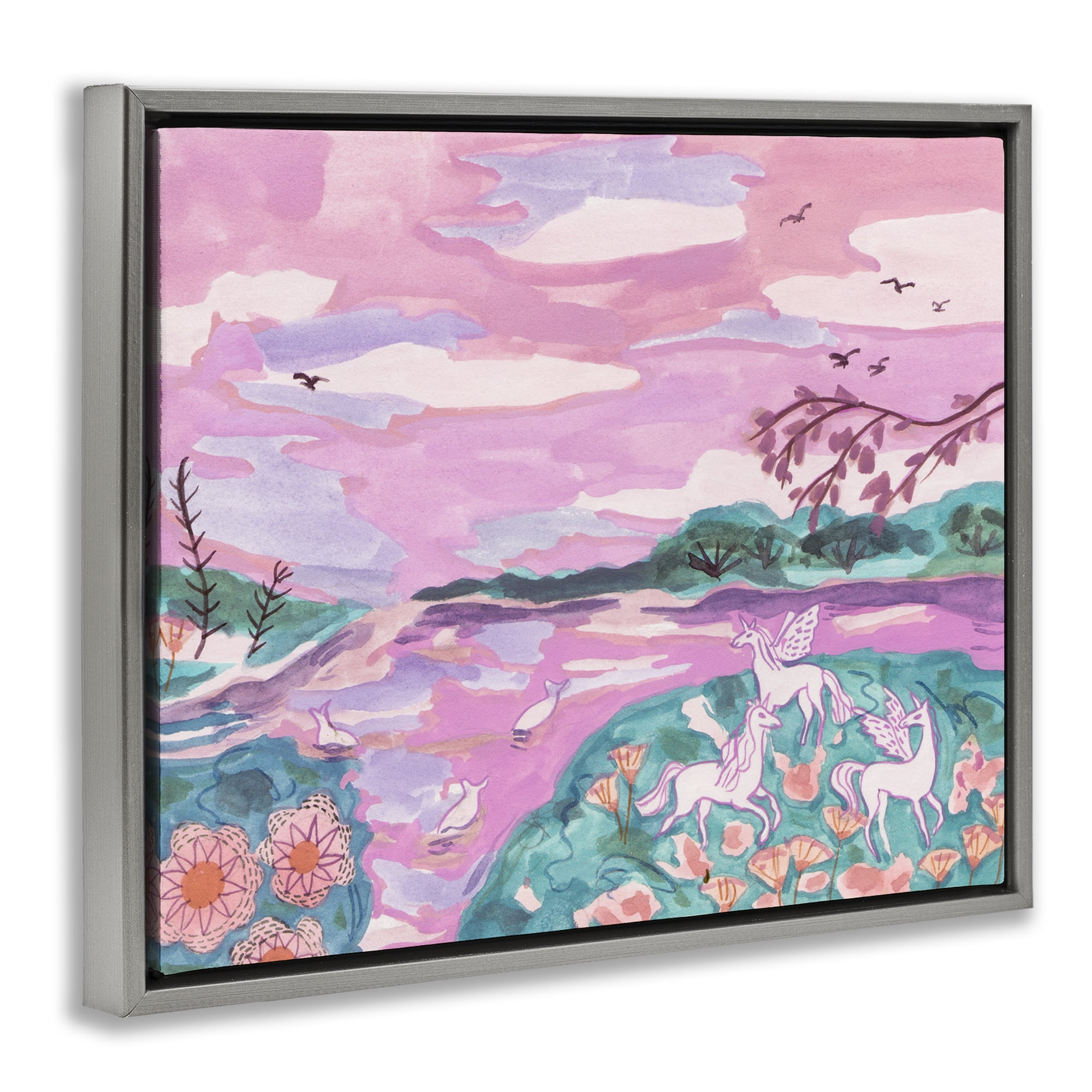Stupell Industries Pink Whimsical Unicorns Fantasy & Sci-Fi Painting Gray Floater Framed Canvas Art Print Wall Art, 31 x 25
