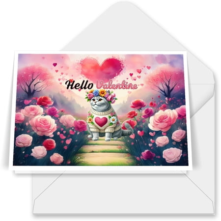 Hello Valentine’s Day British Shorthair Flower Crown Romantic Pink Floral 7x5in Folded Greeting Card Cat Lover Kitten Owner Gifts Single Note Card with Envelope - 00031