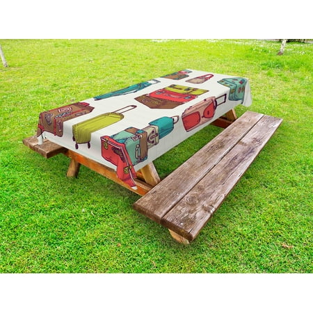 

Doodle Outdoor Tablecloth Colorful Suitcases Holiday Inspired Design Travelling Abroad Vintage Style Artwork Decorative Washable Fabric Picnic Table Cloth 58 X 84 Inches Multicolor by Ambesonne