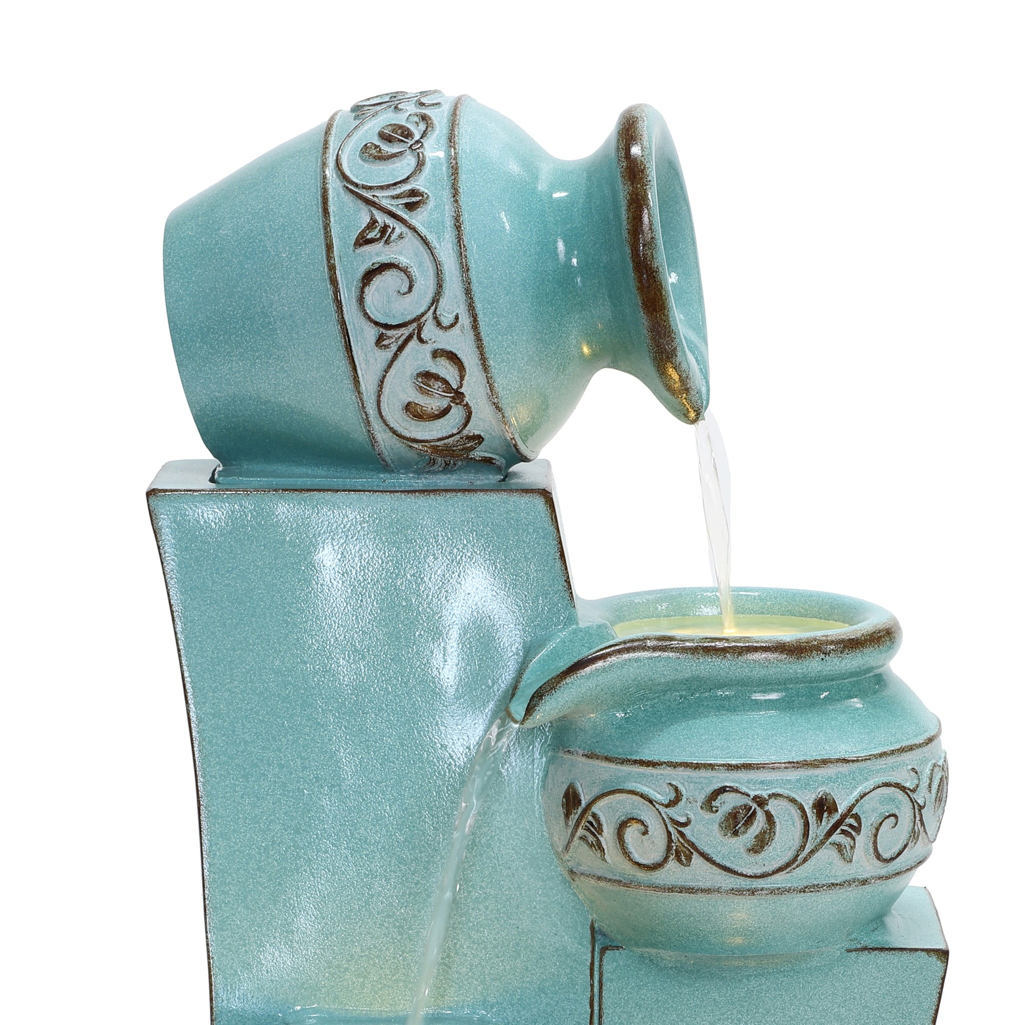 LuxenHome Light Blue 4-Tier Ornate Jugs 2.5-Feet Tall Outdoor Polyresin Fountain with Lights