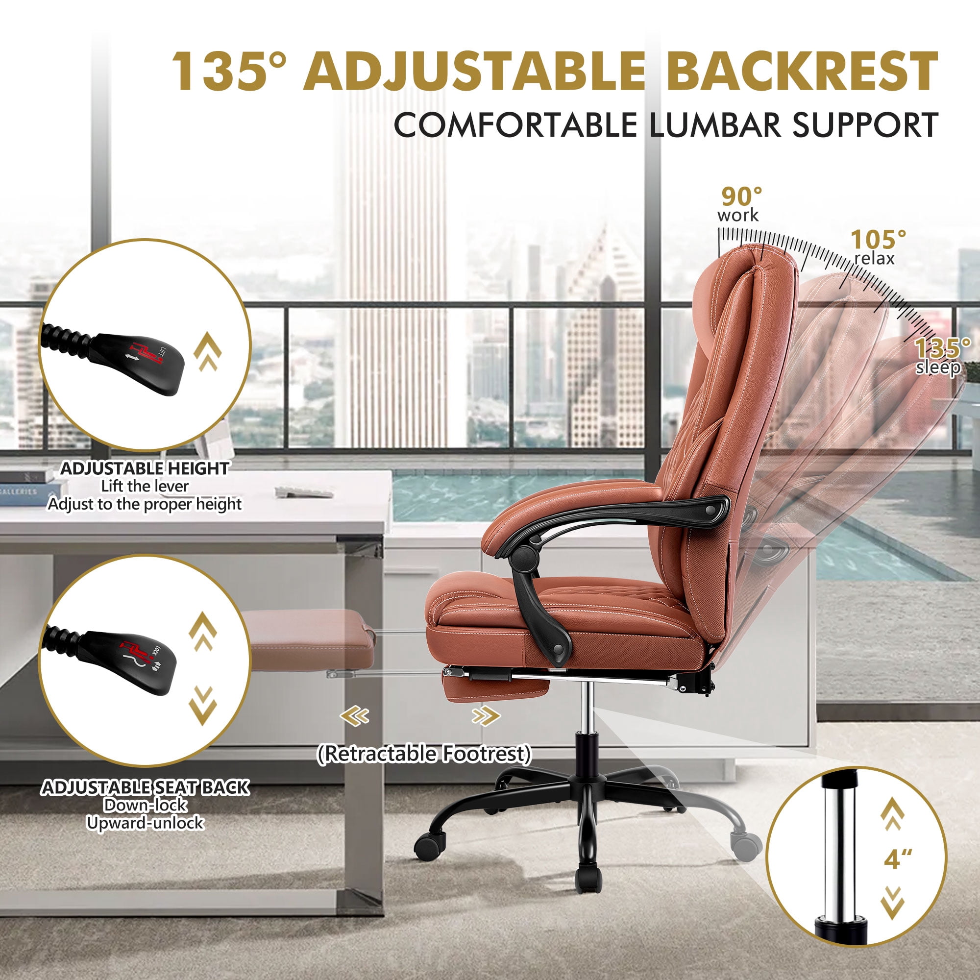 Primy Office Chair with Retractable Footrest, Ergonomic High Back Executive Computer Desk Chair, Big & Tall PU Leather Reclining Chair for Home Office Work