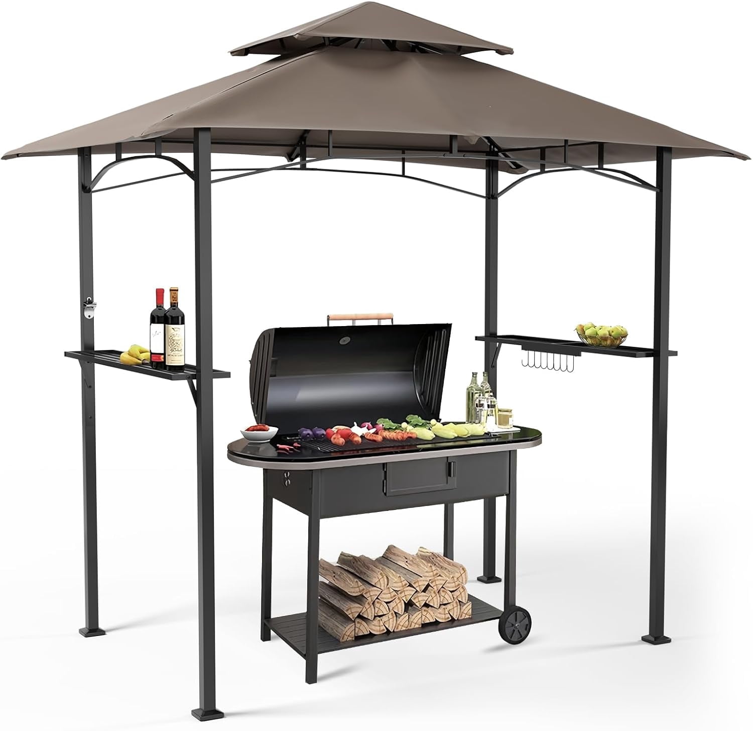 SOLAURA 8' X 5' Grill Gazebo,  Outdoor BBQ Gazebo Canopy with 2 Side Shelves and Double-Tiered Top for Patio, Garden, Backyard (Brown)
