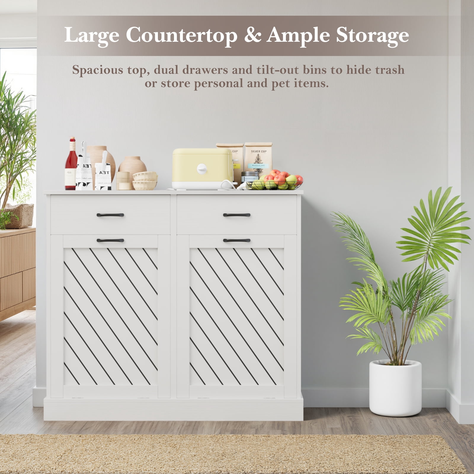 Double Tilt-Out 2x15 Gallons Hidden Garbage Trash Can Cabinet, Hidden Kitchen Trash Cabinet with Storage Drawer, Pet-Proof Wooden Garbage & Recycling Cabinet for Kitchen, Laundry & Living Room, White
