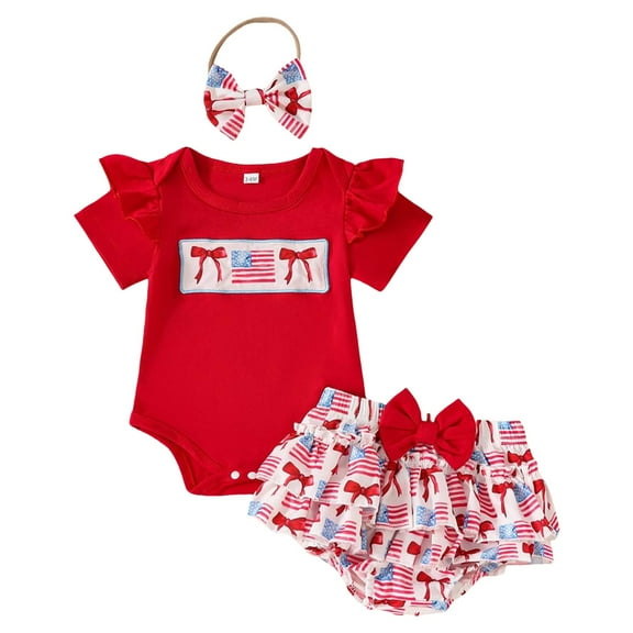 Zanarzt Baby Girls First 4th Of July Outfit 4th of July Outfits for Toddler Baby Girls T-shirt Tops Shorts Headband Kids Independence Day Clothes 3pcs Short Pants Set Red,0-3 Months