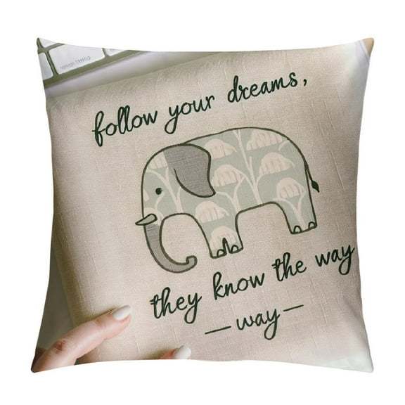 Cute Elephant Throw Pillow Cover Follow Your Dreams They Know The Way Inspirational Quote Pillow Case Decorative Men Women Boy Girl Room Cushion Cover for Home Couch Bed
