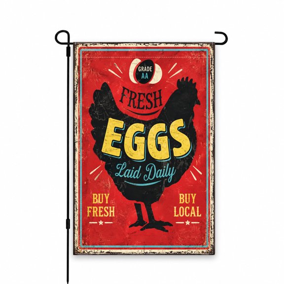 Rustic Farm Fresh Eggs Garden Flag, 12 x 18 Inch, Red and Yellow Chicken Design, Perfect for Yard, Lawn, Garden Patio, Country Outdoor Decor