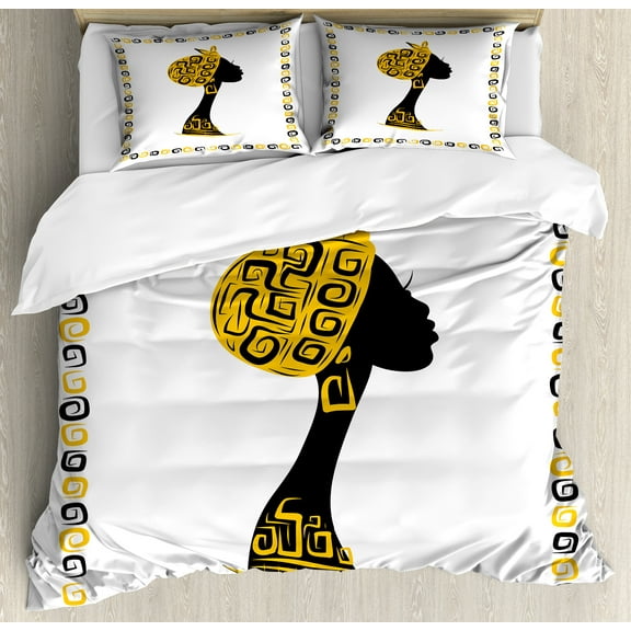 Ambesonne Afro Duvet Cover Set, Female Head Portrait, Queen, Black Earth Yellow