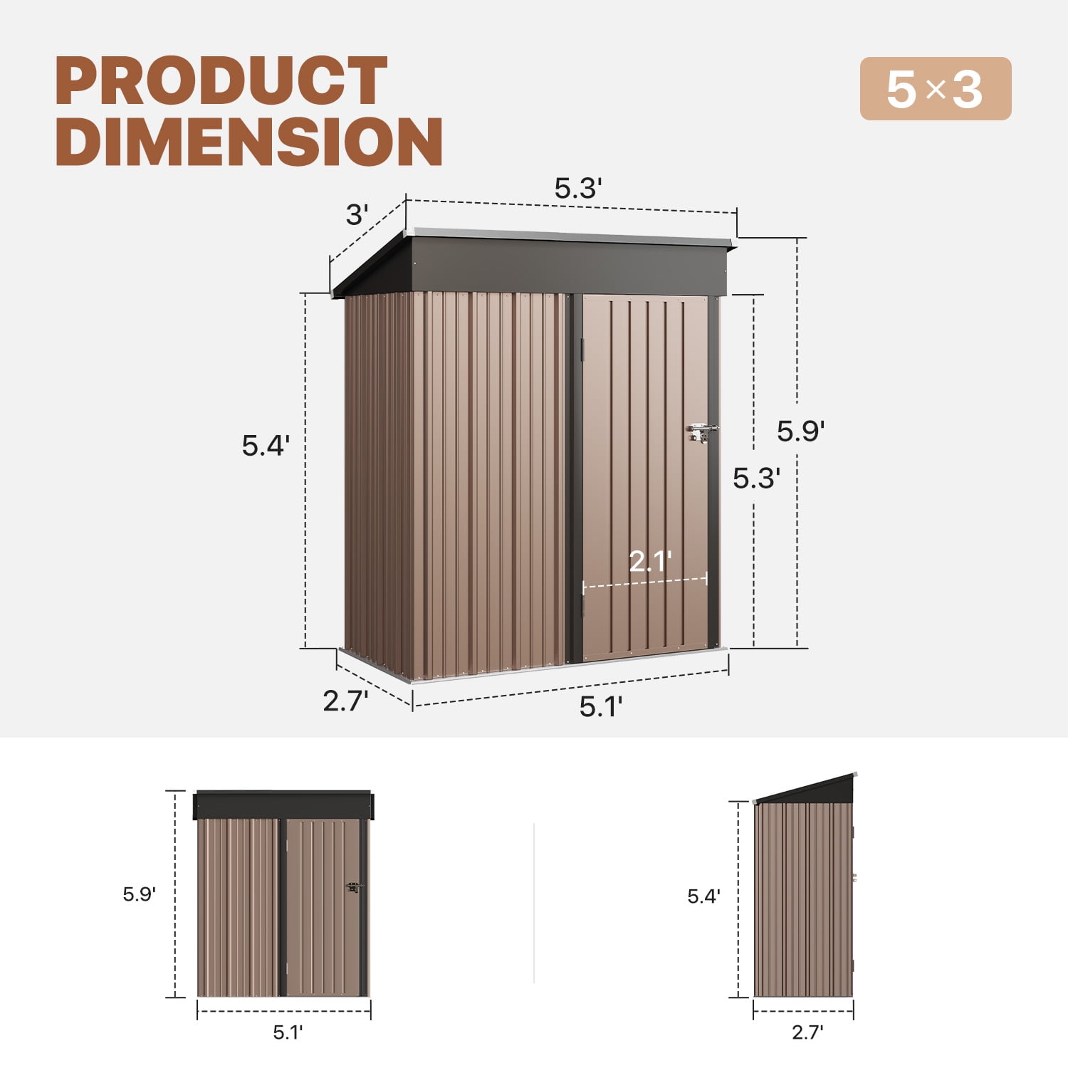 BaPiPro 5x3 FT Outdoor Storage Shed with Base, Lockable Metal Tool Shed, Waterproof Galvanized Steel Garden Storage House for Backyard, Patio, Lawn - Brown