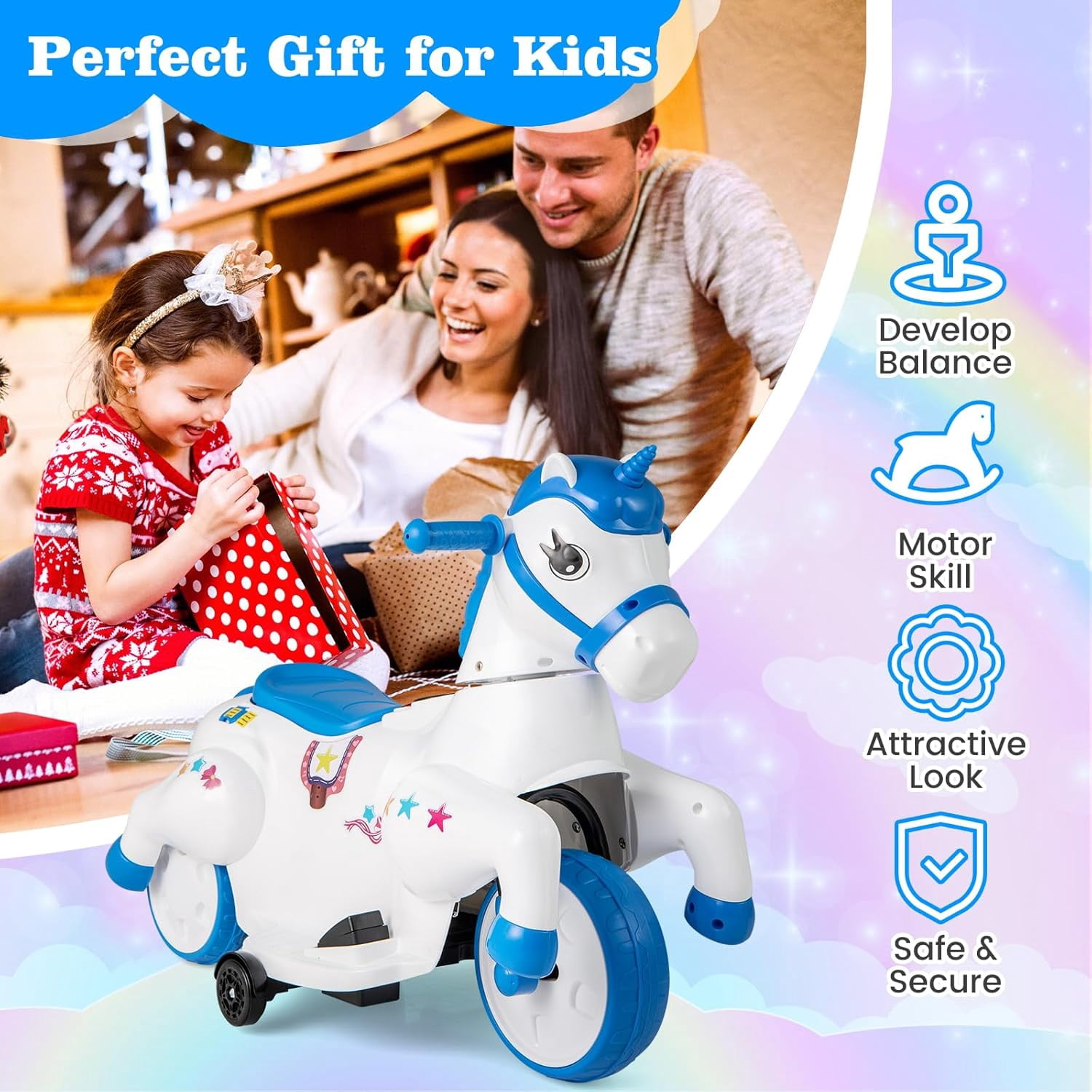 OLAKIDS 2 in 1 Ride on Motorcycle and Horse, Unicorn 6V Battery Powered Ride on Toy with Up & Down Function, MP3, Power Display, Training Wheels, Kids Electric Vehicle Aged 3-6 Years