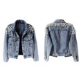 thumbnail image 2 of Women'S Jean Jacket Embroidered Rivet Pearl Short Denim Jacket Coat Blue XXL, 2 of 7