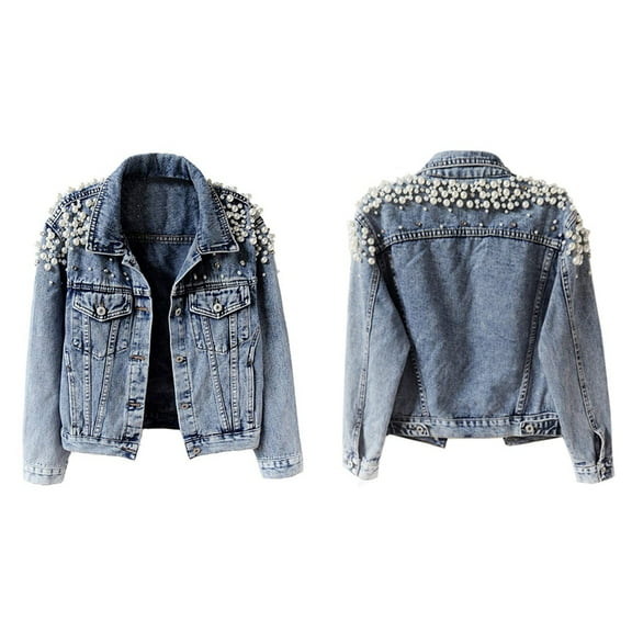 Women'S Jean Jacket Embroidered Rivet Pearl Short Denim Jacket Coat Blue XL