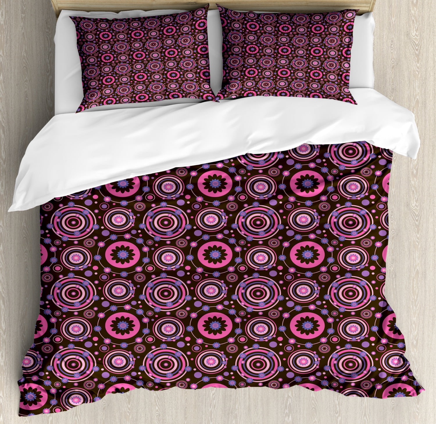 Floral Queen Size Duvet Cover Set, Hippie Style Flourishing Flowers